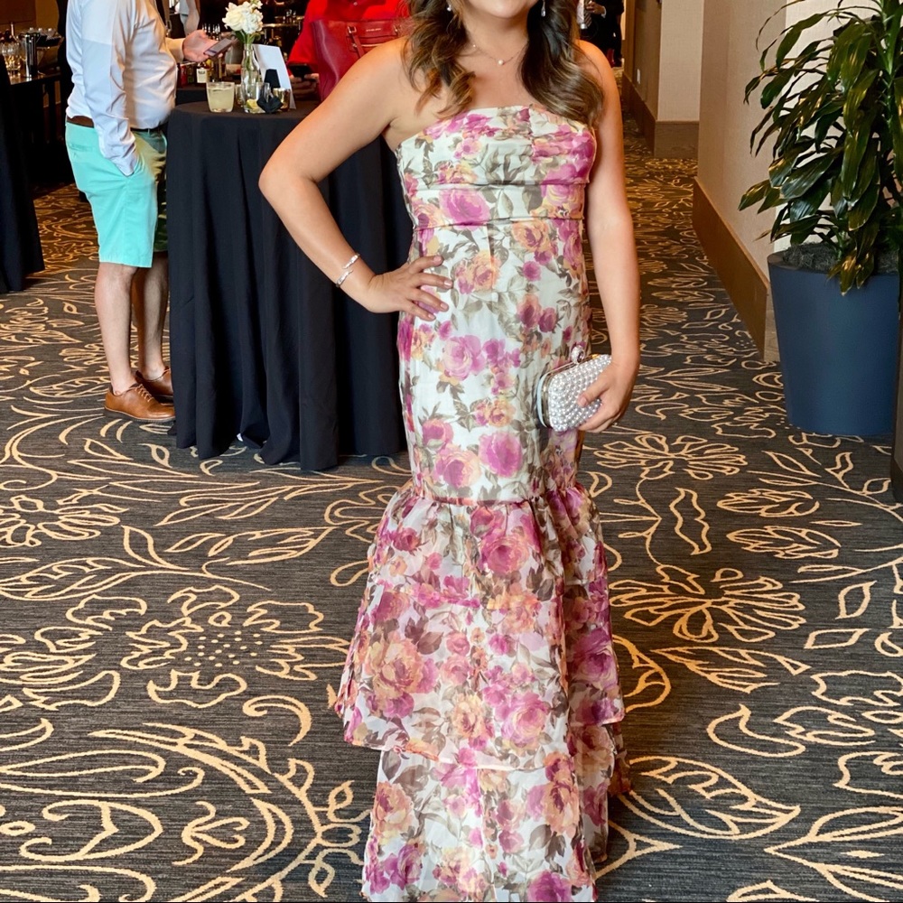 Lulu’s Fleur of Dreams Ivory and Pink Floral Print Organza Maxi Dress